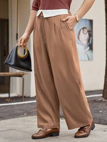 Calvaya Plus Size Fashion Commuter Colorblock Asymmetric Waistband Design Pants - Khaki - View 7
