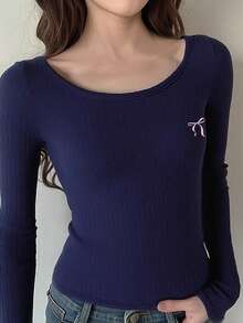 ملابس علوية كم طويل مريح وناعم للفتيات المراهقات، رقبة طاقم مضلع مطاطي مناسب للاستخدام اليومي في الخريف والشتاء، أنماط الشارع والمنزل، كم طويل أطفال