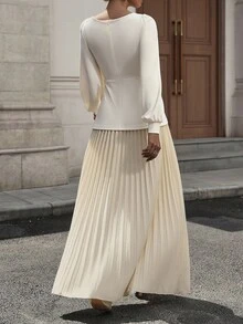 INAWLY Women's Extra Long Knitted Top Pleated Hem Dress - Apricot - View 3