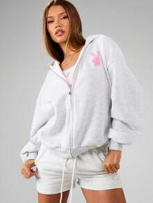 Missguided x Playboy 全拉链连帽衫，配有抽绳兜帽和中央口袋休闲运动衫 - 淺灰色 - 查看 6