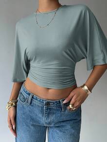 Aloruh Casual Solid Color Batwing Sleeve Ruched Cropped T-Shirt, Autumn Everyday Blue Light - Mint Green - View 4