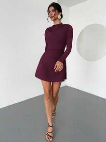 Firerie Vestido curto feminino elegante, minimalista, delicado, romântico, doce, para o dia a dia, festa de casamento, festival de música, feriado, plissado, linha A, manga comprida vermelha