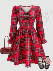 少女休闲格子印花长袖 V 领修身连衣裙，适合外出、派对和聚会 - 紅色 - 查看 7