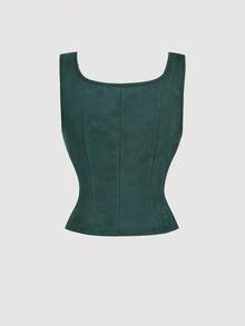 SHEIN MOD Áo tank top nữ màu trắng da lộn, màu xanh ô liu thêu họa tiết, kiểu dáng bohemian, thích hợp cho các lễ hội âm nhạc. - Màu xanh lá cây đậm - Xem 2