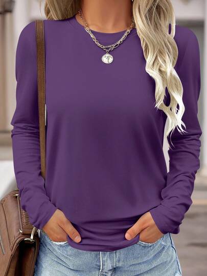 SHEIN LUNE 1pc Women's Solid Color Casual Comfortable Versatile Long Sleeve T-Shirt