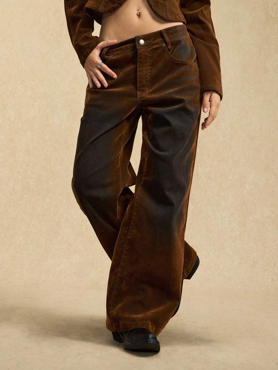 Easelle Vintage Nomadic Bohemian Y2K Washed Loose Leg Women Pants Cowgirl Pants Brown Pants For Women Wide Leg Pants Western Pants Cowboy Pants - Multicolor - View 1