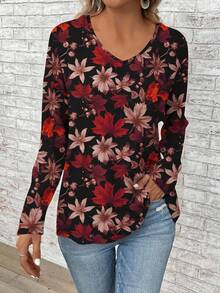 EMERY ROSE Áo thun tay dài cổ chữ V họa tiết hoa giản dị dành cho phụ nữ ngoại cỡ, phù hợp cho mùa xuân và mùa thu - Nhiều màu - Xem 3