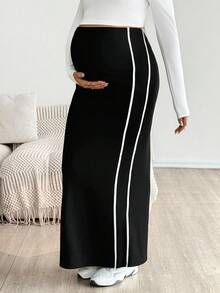 SHEIN Fall Clothes,Autumn Clothes,Maternity Autumn/Winter Clothes  Adjustable Waist Side Stripe Long Casual Maternity Skirt - Black - View 6