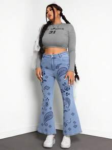 Jeanoix 大码女式腰果图案高腰口袋休闲喇叭牛仔裤 - 藍色 - 查看 6