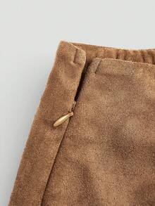 Sweetra 大码绒面革褶皱不对称拉链装饰简约通勤短裙，棕色，秋冬 - 鏽棕色 - 查看 8