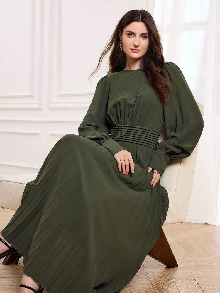 Women's Elegant Commuter Solid Color Lantern Sleeve Pleated Long Dress