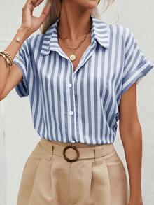 SHEIN Frenchy 休闲宽松条纹百搭日常女式衬衫 - 藍色 - 查看 3