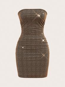 SHEIN ICON 返校节礼服夏季性感金属感紧身迷你露肩连衣裙 - 棕色 - 查看 5