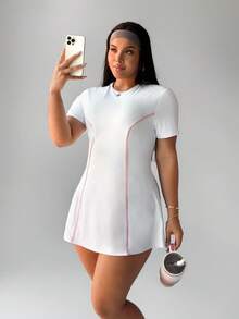 Rhythm Era 2 件套女式拼色圆领 A 字腰连衣裙，内置短裤，防闪烁运动休闲网球裙，加大码