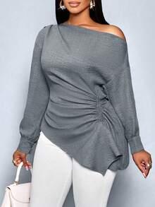 SOLERSUN 女式加大码秋冬纯色不对称领长袖侧抽绳褶饰时尚衬衫，不对称下摆蓝色梭织面料购物约会衬衫 - 灰色 - 查看 3