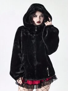 ROMWE 女士秋冬时尚暗黑朋克风格拉链连帽仿皮草夹克 - 黑色 - 查看 7