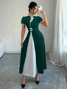 Rafferiza Women's Contrast Color Button Design Puff Sleeve Elegant Dress - Dark Green - View 4