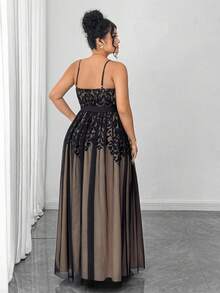 Elenzga 加大码优雅女式黑色网眼裸色衬里蕾丝印花优雅精致连衣裙，适合返校、毕业、情人节、音乐节、母亲节、万圣节、感恩节、复活节、国庆节、舞会、约会派对、婚礼季、户外郊游 - 黑色 - 查看 2