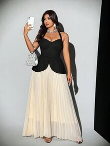 Viva Relle 大码女式优雅设计撞色拼布针织 3D 提花面料褶皱露背蝴蝶结雪纺派对礼服，适合派对、生日、婚礼、舞会、毕业典礼、夜间约会、新款无袖长裙 - 彩色 - 查看 6