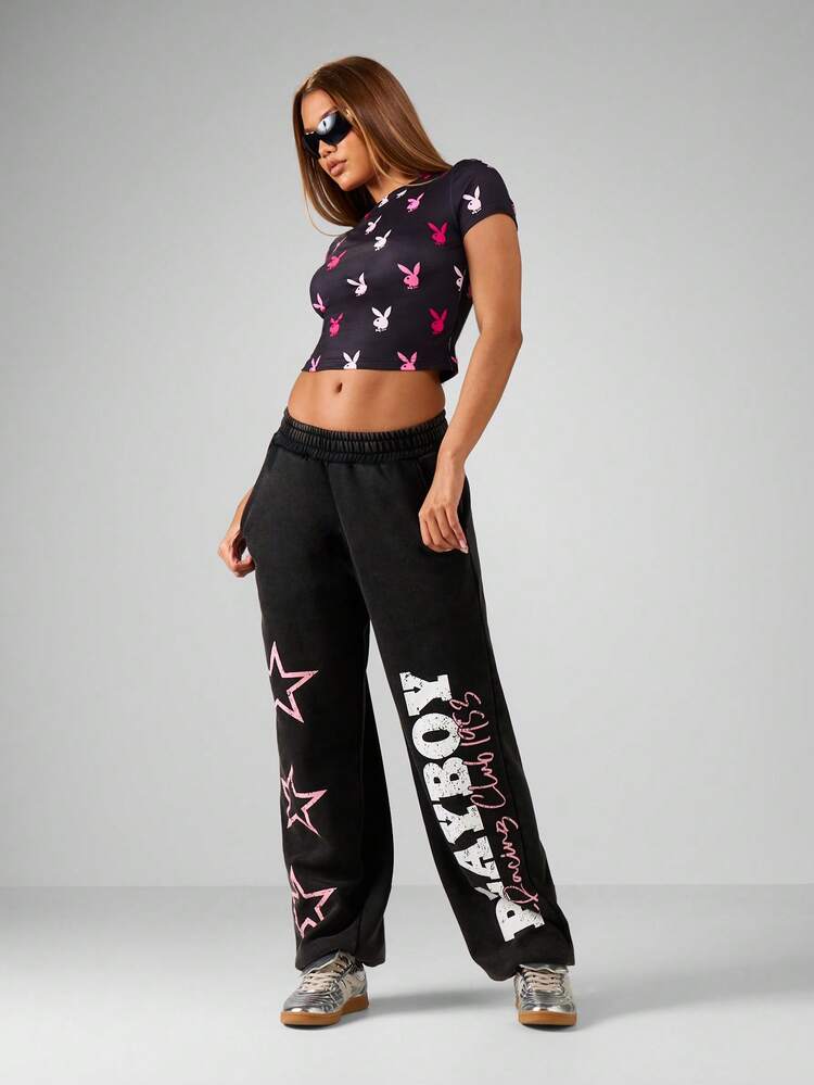 Missguided x Playboy Oversized Cuffed Joggers With Bunny Print And Star Graphics For Women Casual Streetwear Sweatpants