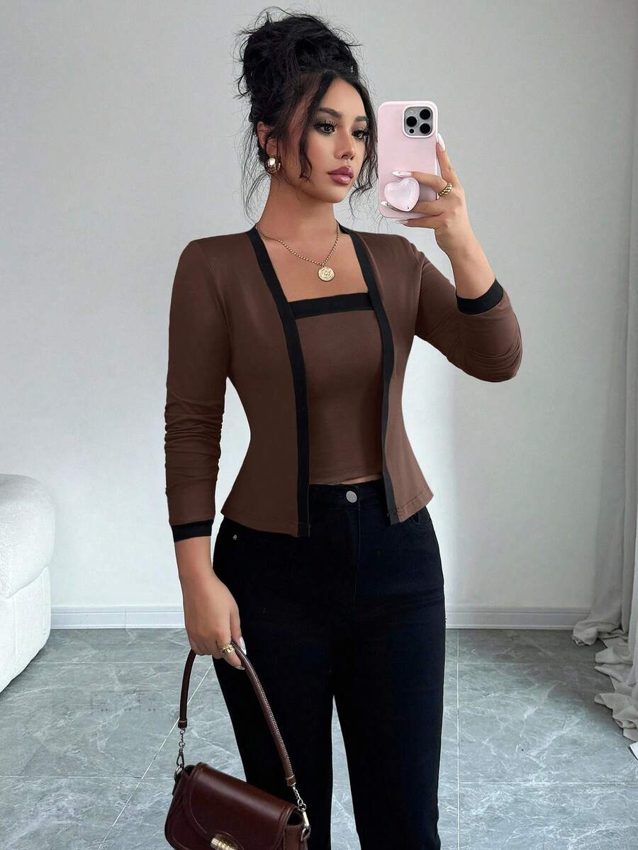 Elenzga Set 2 Potong Atasan Cardigan dan Tanpa Lengan Rajut Patchwork Elegan untuk Wanita - Coffee Brown - View 1