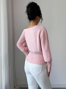 Elenzga Women's Fashion Casual Oblique Collar Bow Pullover Pink Sweater, Christmas, New Year, Thanksgiving Gift