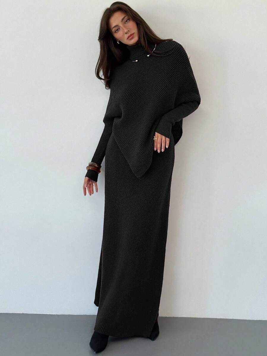 Aloruh 紫色针织两件套 新款冬季加厚女式毛衣裙宽松两件套 - 黑色 - 查看 1