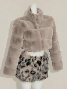 SHEIN ICON 女式宽松卡其色条纹仿皮草大衣，秋冬 - 卡其色 - 查看 6