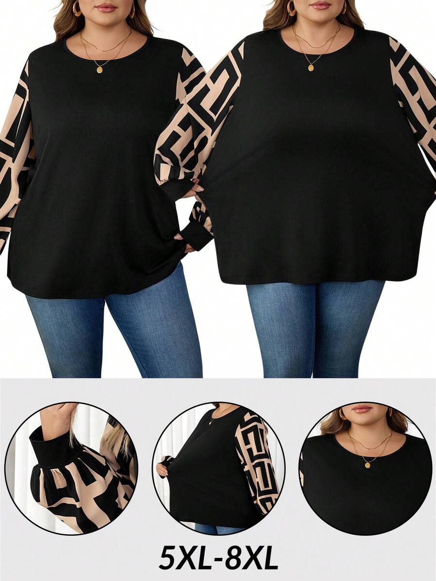 SHEIN CURVE+ 大色块图案拼接灯笼袖休闲宽松女上衣，装扮秋冬 - 彩色 - 查看 1