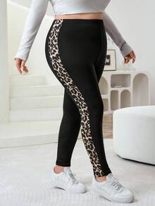 SHEIN CURVE+ 大码女款远红外发热面料休闲日常豹纹弹力紧身裤秋冬 - 黑色 - 查看 8