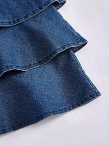 Girls' Casual Comfortable Soft Washed Denim Dress With Bowknot Decor, Elastic Waist Patchwork Flared Hem Long Dress, Lightweight Summer