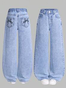 SHEIN ChillGRL Tween Girls' Light Blue Washed Denim Jeans With Bowknot Hem Design, Loose Straight Leg, High Waist, Versatile For Daily Wear, School, Commute, Party, Holiday, Back To School Fall Winter - Medium Wash - View 3