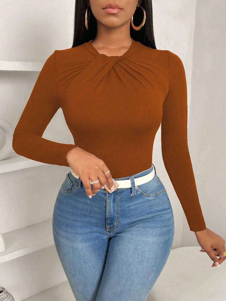 VaVaBold Camiseta de manga larga con cuello de lazo, ajuste ceñido y bajo con volantes, unicolor, elegante y casual para mujer, atuendo de otoño - Café integral - Ver 1