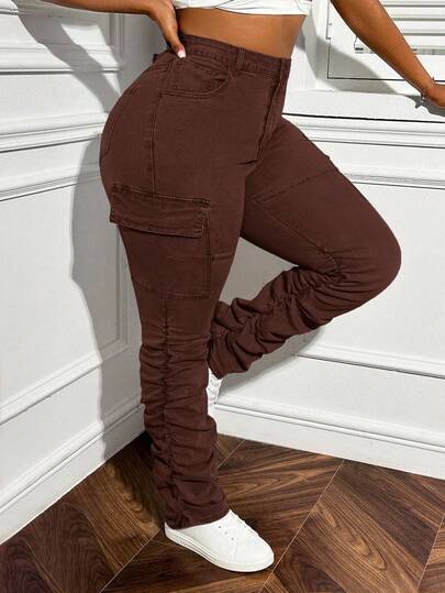 SHEIN SXY Winter Plus Size Solid Color Ruched Stretch Jeans