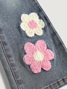 SHEIN 年轻女孩粉色花卉刺绣复古蓝色牛仔弹力紧身喇叭裤 - 深色水洗藍 - 查看 4