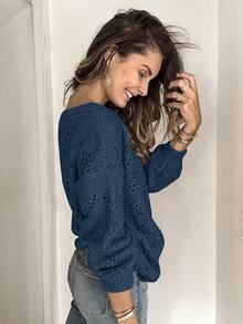 Linavere Women's Solid Color Hollow V-Neck Casual Knit Cardigan - Navy Blue - View 3
