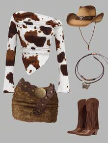 SHEIN ICON 1件装 女式西部风 Y2K 服装 节日 90 年代服装 假日嬉皮风 西部斜肩长袖印花T恤，简约时尚休闲日常穿着