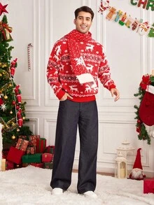 Manfinity RelaxMax 圣诞家庭驯鹿几何图案男式毛衣 - 紅色 - 查看 6