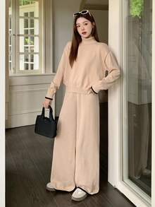 SHEIN Teen Girl Contrast Color Stand Collar Long Sleeve Sweater & Drawstring Sweatpants Casual Knit Set,Peach,Autumn,Casual Elegant,Junior,Work,Soft Top - Multicolor - View 2