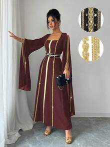 Rafferiza 金色编织腰带奢华亮片串珠礼服开叉长袖连衣裙 - 酒紅色 - 查看 3