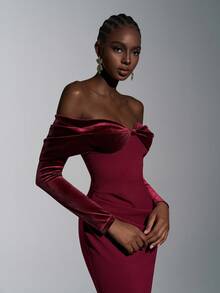 Elitara Elegant, Romantic, Dignified, Minimalist, Wine Red, Knitted Elastic Fabric, Velvet Patchwork, Off Shoulder, Long Sleeve, Fishtail Hem, Trailing, Fashionable, Influencer, Holiday, Resort, Birthday Party, Wedding, Bridesmaid Dress, Formal Gown, Women's Evening Dress