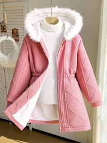 SHEIN Tween 女童休闲百搭百搭校园日常穿着保暖毛绒领中长款连帽针织夹克，秋冬 - 粉色 - 查看 6