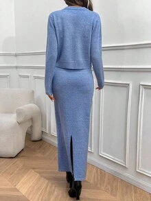 EMERY ROSE Bộ áo len cardigan và chân váy phong cách tối giản mới, thời trang và đa năng theo phong cách Châu Âu và Mỹ - Màu xanh lam - Xem 2