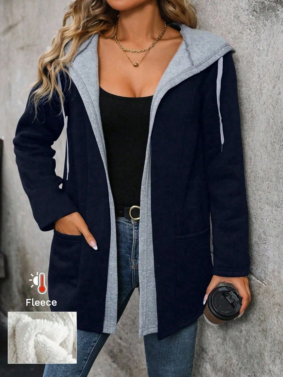 SHEIN CURVE+ 女士保暖内衬休闲通勤时尚法式优雅街头复古百搭假日商务杏色长袖二合一常规夹克，秋冬 - 彩色 - 查看 1