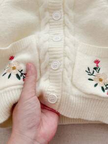 Blossori 女婴法式优雅刺绣口袋前扣长袖针织开衫 - 白色 - 查看 7