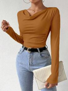 Almamuse Camiseta de moda de manga larga con cuello de pico y ajuste ceñido de unicolor para mujer