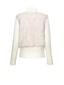 DAZY Thickened Autumn/Winter Sweater Patchwork Faux Fur High Collar Zip-Up Cardigan For Women Women Coats - White - View 2