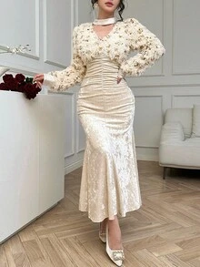 DAZY 秋冬毛绒拼布亮片缀饰鱼尾下摆镂空优雅长裙，适合新年、圣诞节、婚礼派对 - 米色 - 查看 11