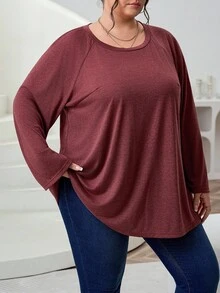 SHEIN CURVE+ Plus Size Women's Plus Size Round Neck Long Sleeved Casual Loose, Soft And Charming Winter Red T-Shirt, New Year's And Valentine's Day Christmas Plus Size Christmas Burgundy