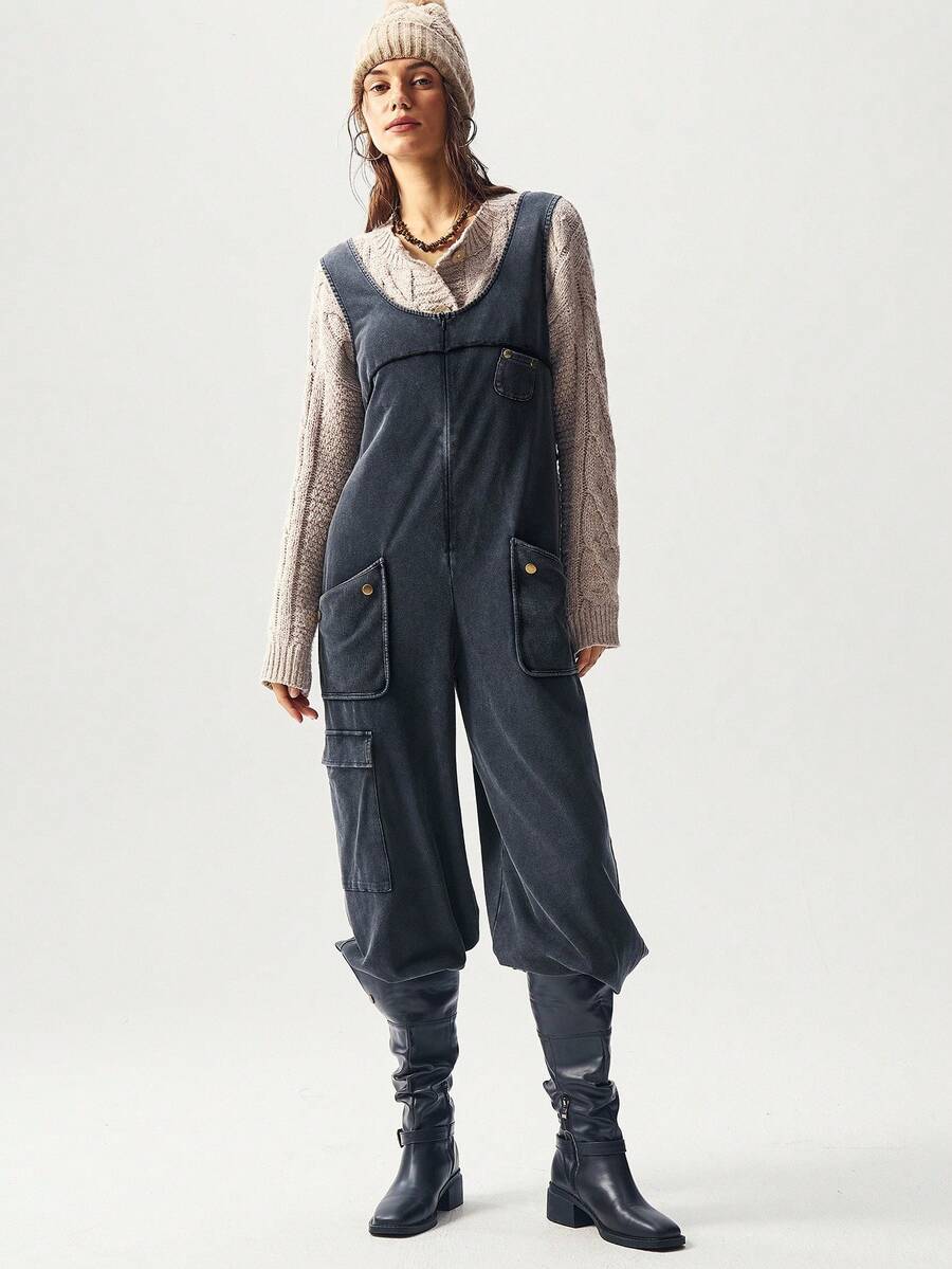 Bohemela Bộ đồ liền thân dệt kim rộng rãi màu trơn thường ngày dành cho nữ - màu đen - Xem 1